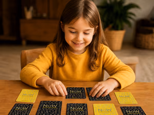 Child playing the NoW Numbers Oral Words matching game with black and yellow cards.
