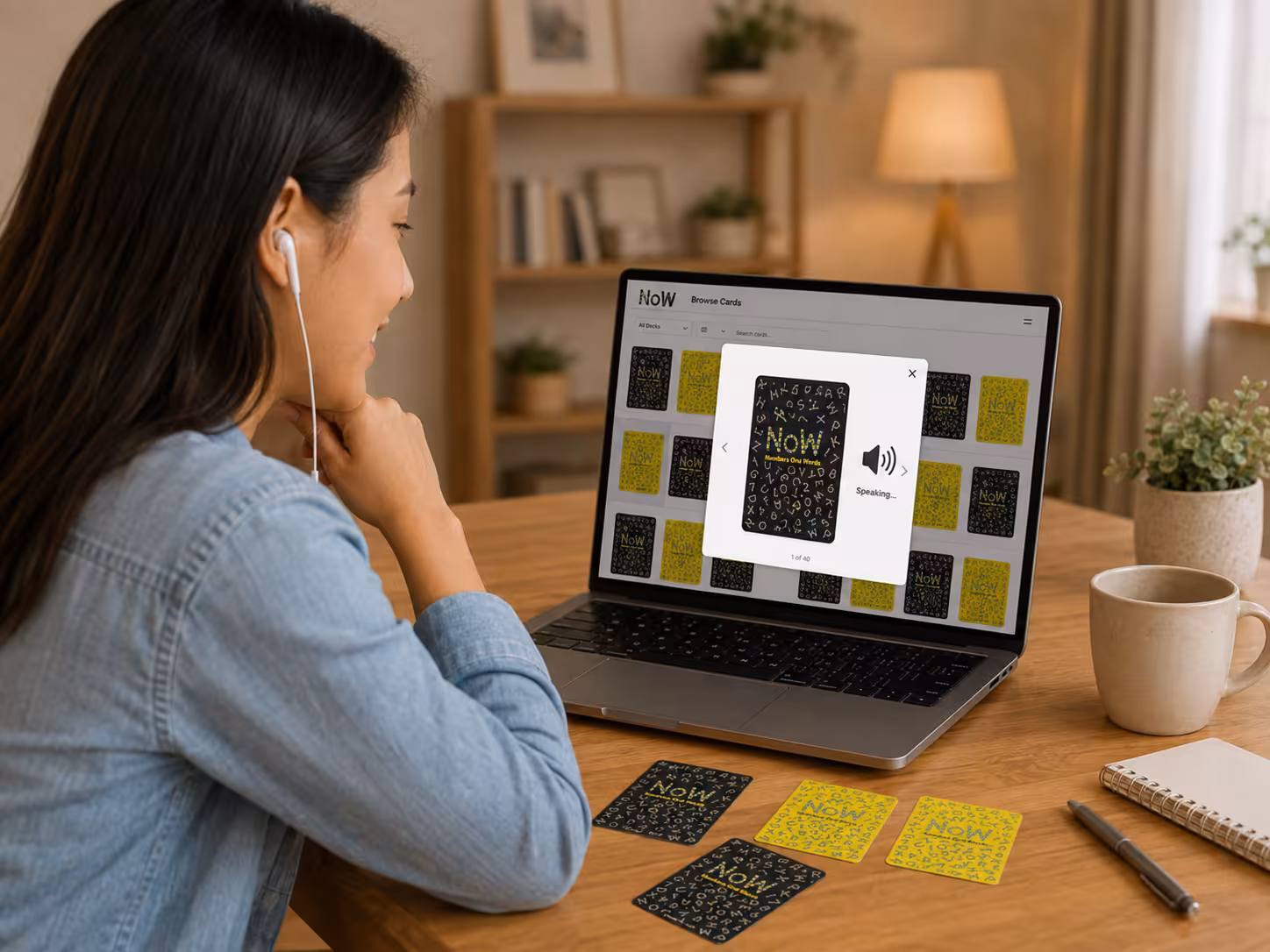 English learner using a laptop to explore NoW cards online, with a selected card enlarged on screen and audio playback enabled.