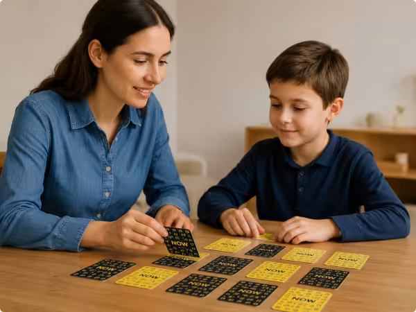 Tutor and child playing the NoW Numbers Oral Words matching game with black and yellow cards.