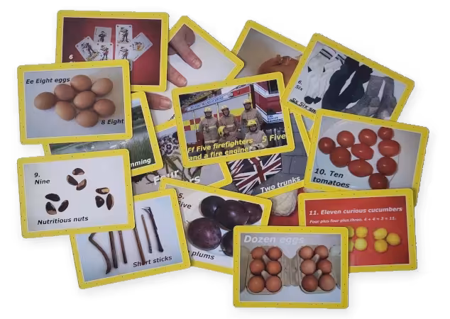 Overlapping yellow-bordered NoW number cards featuring numbers, pictures and words.