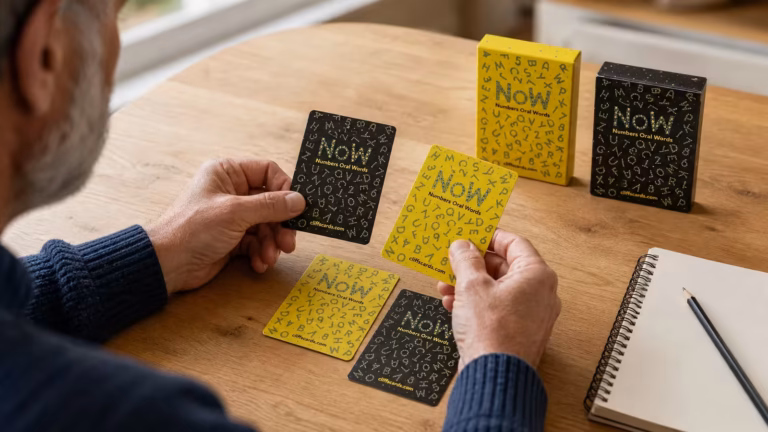 Older man arranging black and yellow NoW cards beside a notebook.